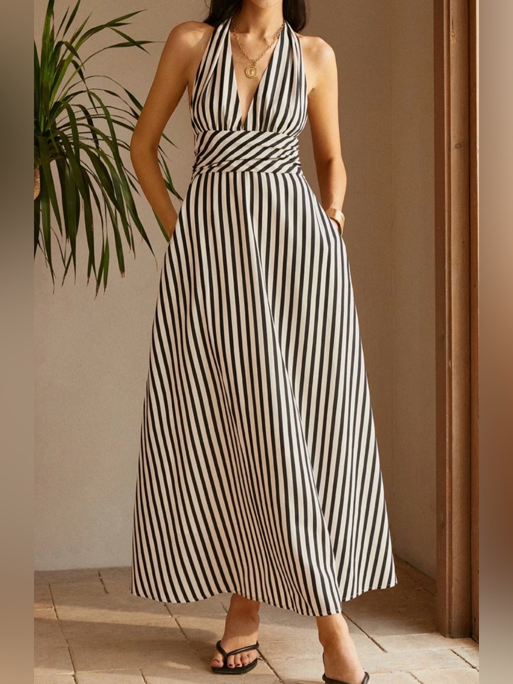 Commense Stripe Backless Pockets Dress-S
